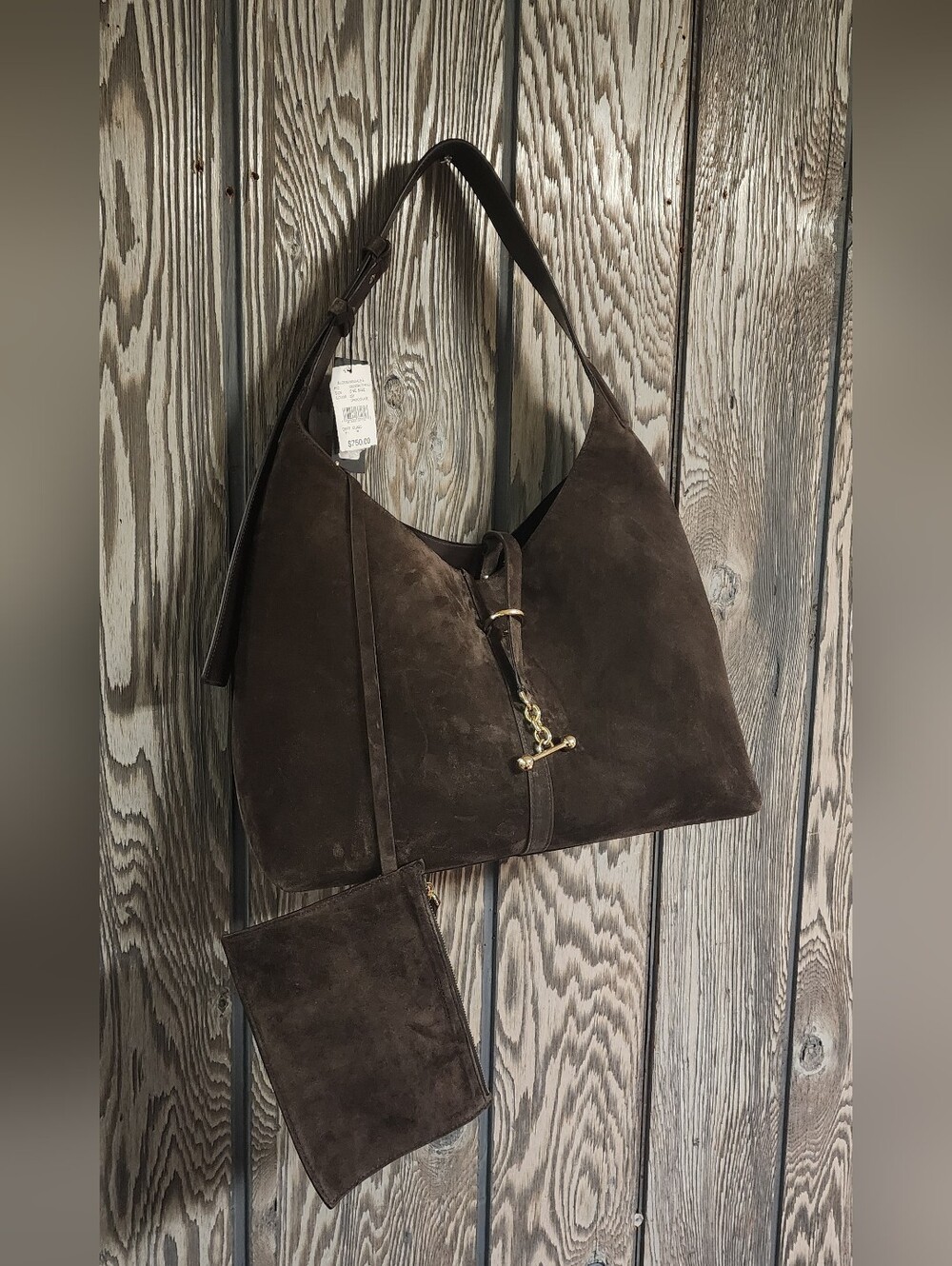Strathberry Dark Brown Suede Hobo Bag with Detachable Pouch